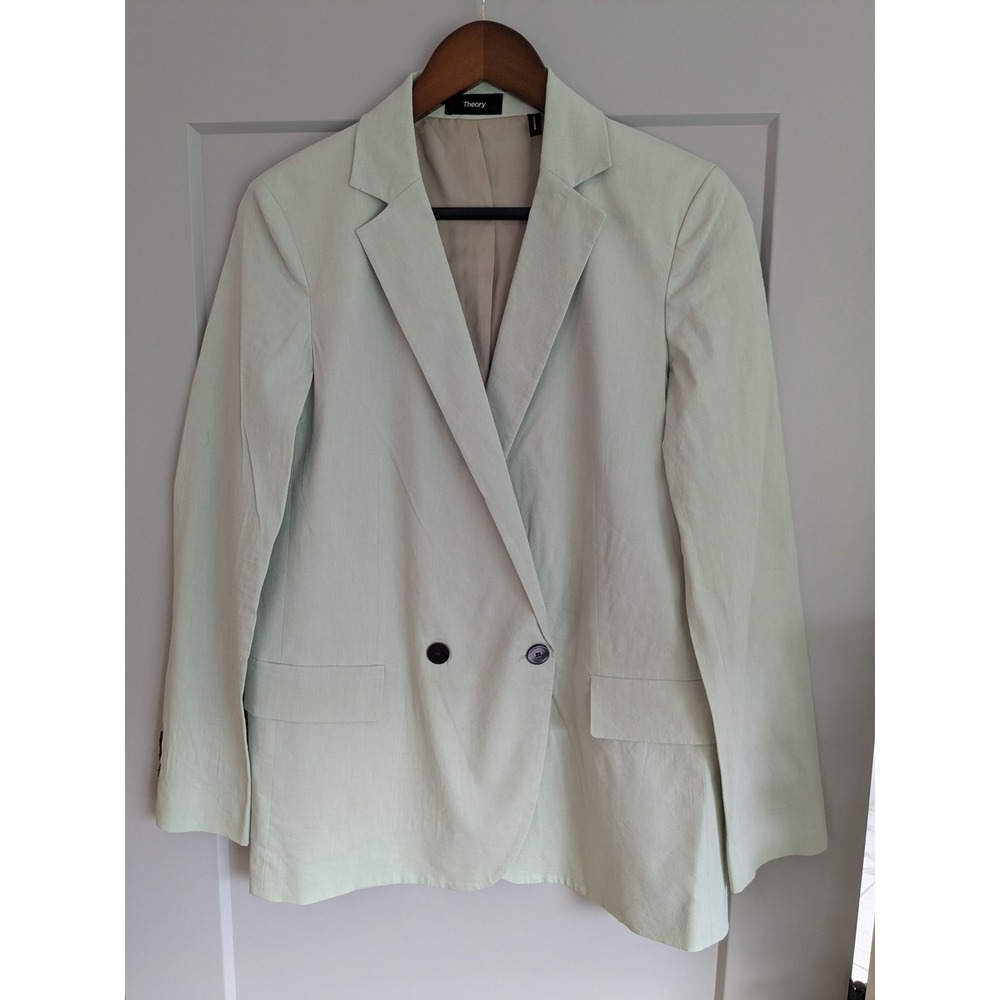 Theory Womens Mint Green Eco Crunch Linen Double Breasted Boy Blazer Size 2